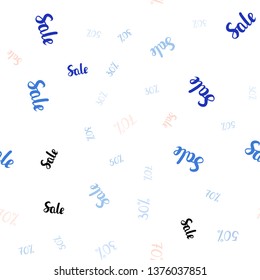 Light Pink, Blue vector seamless cover with symbols of 30, 50, 70 % sales. Colored words of sales with gradient on white background. Design for business ads, commercials.
