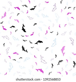 Light Pink, Blue vector seamless background with dolphins. Decorative design in natural style with sea dolphins. Pattern for marine leaflets.