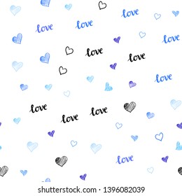 Light Pink, Blue vector seamless cover with quote LOVE YOU, hearts. Colorful illustration with quote LOVE YOU, hearts. Design for textile, fabric, wallpapers.