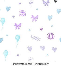 Light Pink, Blue vector seamless layout in new year style. Illustration with a gradientheart, baloon, candy, gift, star, ribbon. Pattern for new year ads.