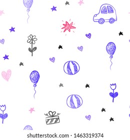 Light Pink, Blue vector seamless layout with new year gifts. Illustration with a gradient toy car, heart, baloon, tulip, candy, ball. Pattern for carnival, festival ads.