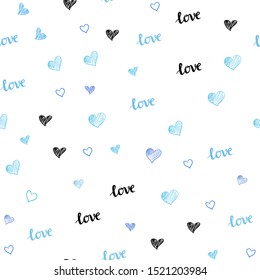 Light Pink, Blue vector seamless template with text LOVE YOU, hearts. Illustration with words of love, hearts in abstract style. Pattern for trendy fabric, wallpapers.