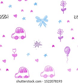 Light Pink, Blue vector seamless background with xmas attributes. Design in xmas style with a toy car, heart, baloon, tulip, candy, ball. Pattern for new year ads.