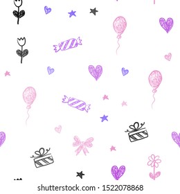 Light Pink, Blue vector seamless texture in birthday style. Abstract illustration with aheart, baloon, candy, gift, star, ribbon. Design for colorful commercials.