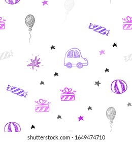 Light Pink, Blue vector seamless background in xmas style. Illustration with a colorful toy car, baloon, candy, star, ball. Pattern for new year ads.