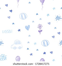 Leicht rosa, blaue Vektor nahtlos Muster mit Weihnachtsspielzeug. Illustration mit einem bunten Spielzeugauto, Herz, Baloon, Tulpe, Süßigkeiten, Ball. Muster für neue Jahrmarktanzeigen.