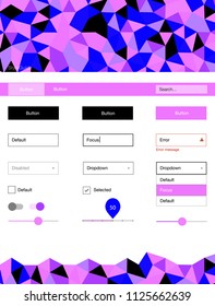 Light Pink, Blue vector style guide with triangles. Web ui kit with abstract gradient triangles in its header. Simple colorful design for websites.
