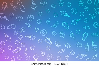 Light Pink, Blue vector template with sweet snacks. Confections on blurred abstract background with colorful gradient. Pattern for ads of breakfast, lunch, dinner.