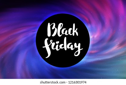 Light Pink, Blue vector template with a black hole, space. Abstract illustration with glitter colorful cosmic stars. Backdrop for super sales on Black Friday.