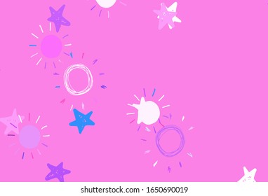 Light Pink, Blue vector template with doodle stars, suns. Blurred decorative design in simple style with stars, suns. Best design for your ad, poster, banner.