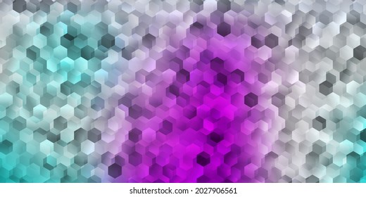 Plantilla vectorial azul rosa claro en un estilo hexagonal. Resumen de hexágonos de gradiente colorido sobre fondo borroso. Una adición fácil a su diseño.