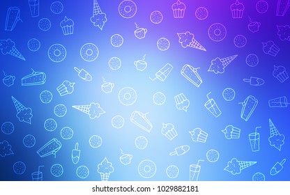 Light Pink, Blue vector texture with sweets, candies. Confections on blurred abstract background with colorful gradient. Pattern for ads of breakfast, lunch, dinner.