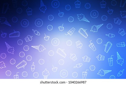 Light Pink, Blue vector texture with sweets, candies. Illustration with set of sweet food in doodle style. Doodle design for your business advert of cafes.