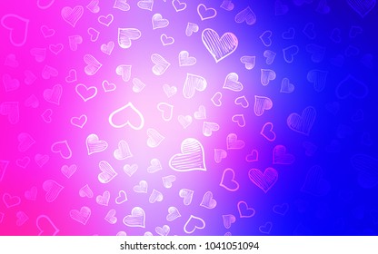 Light Pink, Blue vector texture with lovely hearts. Blurred decorative design in doodle style with hearts. Design for ad, poster, banner of Valentine Day.
