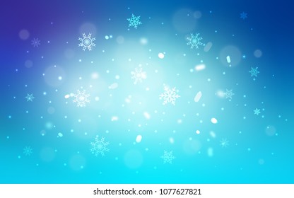 Light Pink, Blue vector texture with colored snowflakes. Snow on blurred abstract background with gradient. The pattern can be used for new year leaflets.
