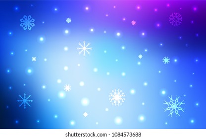 Light Pink, Blue vector texture with colored snowflakes. Snow on blurred abstract background with gradient. The pattern can be used for new year leaflets.