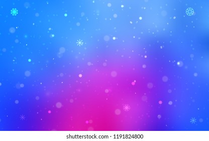 Light Pink, Blue vector texture with colored snowflakes. Snow on blurred abstract background with gradient. The template can be used as a new year background.
