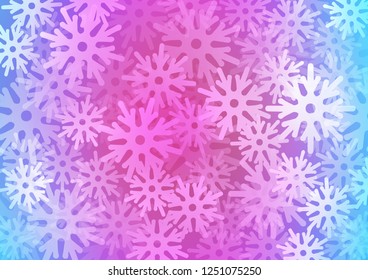 Light Pink, Blue vector texture with colored snowflakes. Blurred decorative design in xmas style with snow. New year design for your ad, poster, banner.