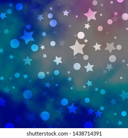 Light Pink, Blue vector texture with circles, stars. Abstract design in gradient style with bubbles, stars. Texture for window blinds, curtains.