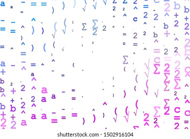Light Pink, Blue vector texture with mathematic symbols. Colored mathematic signs with gradient on white background. Pattern for ads, poster, banner of books.
