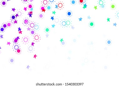 Light Pink, Blue vector texture with small stars, suns. Shining colored illustration with stars, suns. Template for cosmic backgrounds.