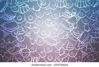 Light Pink, Blue vector texture with sweets, candies. Blurred decorative design of desserts in doodle style. Doodle design for your business advert of cafes.