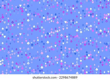 Light Pink, Blue vector texture with playing cards. Colorful gradient with signs of hearts, spades, clubs, diamonds. Template for business cards of casinos.