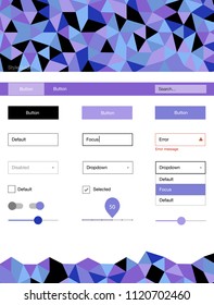 Light Pink, Blue vector ui kit in polygonal style. Ui Ux kit with colorful polygonal background in its header. This template you can use for landing pages.