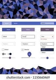 Light Pink, Blue vector ui kit in polygonal style. Ui Ux kit with colorful polygonal background in its header. This template you can use for landing pages.