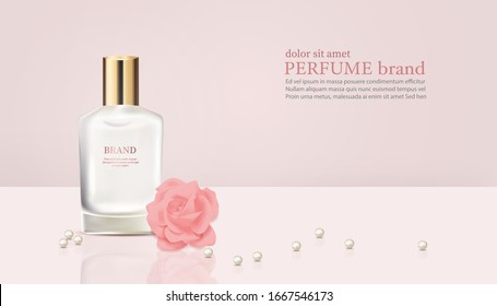 light pink bottles of perfume with rose and pearl - Flower Paper Cut Banner-Vector Illustration