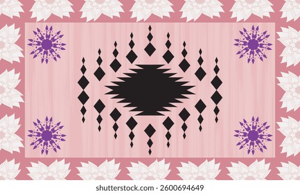 Light pink carpet pattern with a frame of white flowers arranged in rows and in the center are triangles and rhombuses, abstract geometric, fabric pattern
