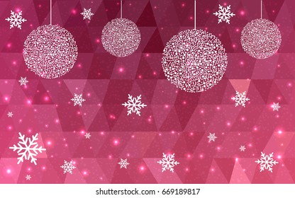 Light Pink christmas postcard low polygon background. Vector illustration consisting of triangles. Abstract triangular polygonal origami or crystal design of New Year celebration.