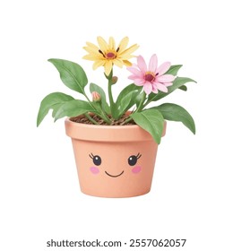 A light pink clay pot with a smiley face drawn on it is adorned with black eyes and pink circles. The flower to the right of the image is a pink daisy with a yellow center and a dark red center