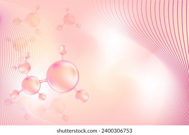 Light pink collagen peptide or hyaluronic acid molecule and bubble oxygen serum chemical formula. Beauty treatment nutrition skincare background with copy space. Medical and scientific concepts.