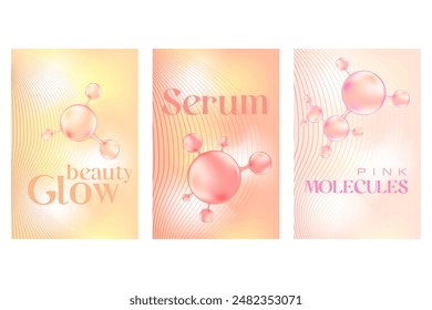 Light pink collagen peptide or hyaluronic acid molecule poster set, serum chemical formula. Beauty treatment nutrition skincare background with copy space. Medical and scientific concepts.