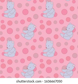 Light pink cute baby vector seamless pattern with multi-colored balls and gray bears toys on the sweet rose c background
