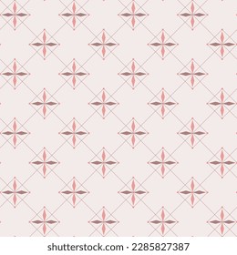 Light pink and dark pink color cross in squares frame on a pink background with diagonal line. It is a seamless pattern that looks neat, clean and beautiful.