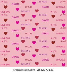 Light pink with pink dark red heart and love describe words seamless pattern 