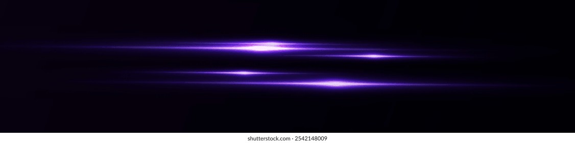 Light pink effect reflections, neon illumination in white colors. Bright light lens. Police light effects, lines. Shiny stars, glowing sparks on a black background. Vector violet light effect