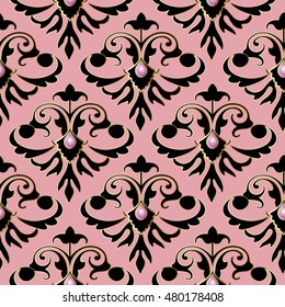 Light pink elegant  baroque damask vector seamless pattern background wallpaper illustration with decorative vintage black and gold antique ornaments. Endless luxury texture.