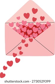 Um envelope rosa claro é preenchido com numerosos pequenos corações vermelhos, com alguns corações saindo e caindo, representando amor e afeto.