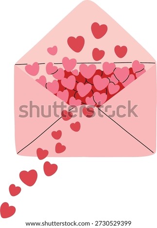A light pink envelope is filled with numerous small red hearts, with some hearts spilling out and falling down, representing love and affection.