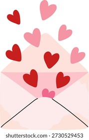 Un sobre rosa claro está abierto con varios corazones rojos y rosados que emergen de él y flotan hacia arriba.