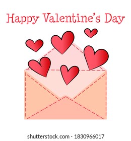 light pink envelope with a red gradient hand drawn hearts vector illustration. Festive post card with text "Happy Valentine's Day" for Valentine's Day. Element for a romantic design