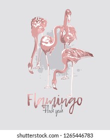 Light pink Flamingos. Flamingo Flock yeah - lettering quote. Humor card, poster, t-shirt composition, hand drawn style print. Vector illustration.