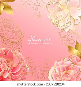 Light pink floral square card with peony flowers and golden line in an oriental soft color palette. Botanical decor for web ans social networks and greeting decor