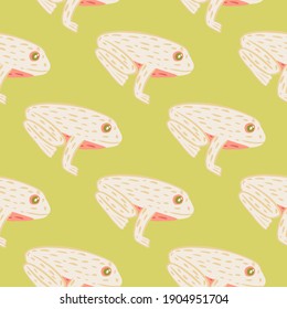 Light pink frog ornament seamless pattern in hand drawn doodle style. Pastel green olive background. Stock illustration. Vector design for textile, fabric, giftwrap, wallpapers.