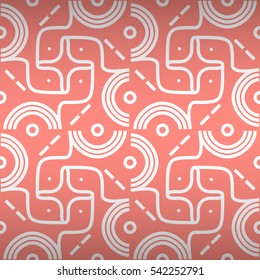Light pink geometrical seamless pattern in alien style. Colorful, graphical design for banner, game, carpet or other purpose. Complicated mosaic repeatable backdrop. Retro tracery.