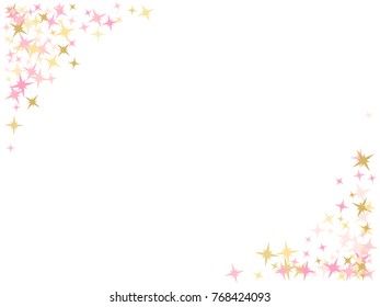 Light pink gold flying stars confetti frame vector, premium sparkles stardust background pattern. Holiday party border, Christmas stars background vector print, festive flying confetti sparkles.