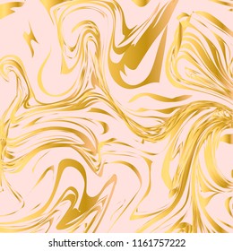 Light pink and gold marble texture background. Liquid effect backdrop. Imitations of hand drawn acrylic painting. Marbling surface vector illustration. Easy to edit template for your design projects.
